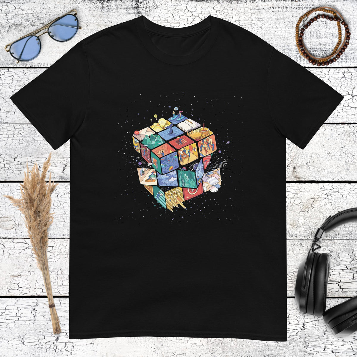 High contrast cosmic Rubik's cube illustration with outer space details on a black t-shirt