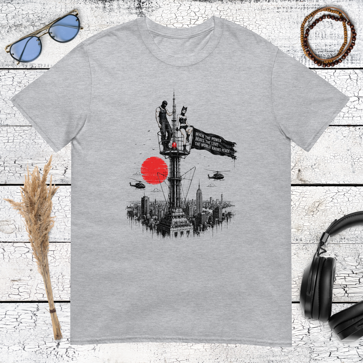 Giant cat climbing city skyline with red sun graphic on sport grey shirt