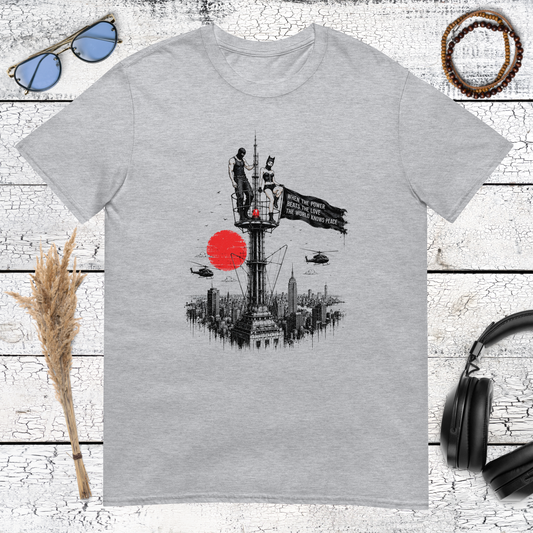 Giant cat climbing city skyline with red sun graphic on sport grey shirt
