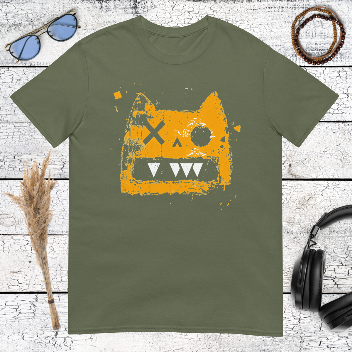 Urban street art style cat graphic with expressive lines on a military green t-shirt