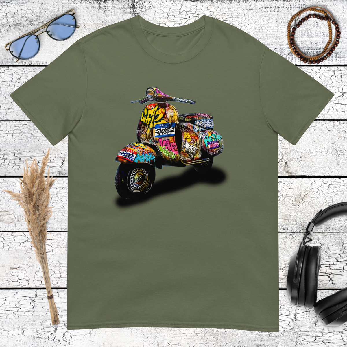 Retro Vespa scooter graffiti artwork printed on a military green t-shirt