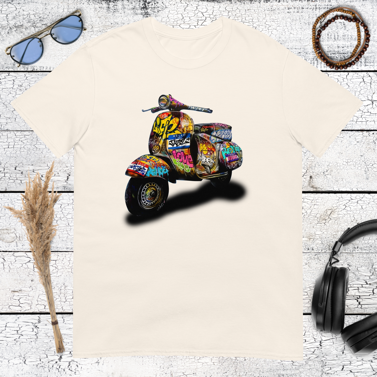 Colourful retro Vespa scooter artwork printed on a natural cotton t-shirt