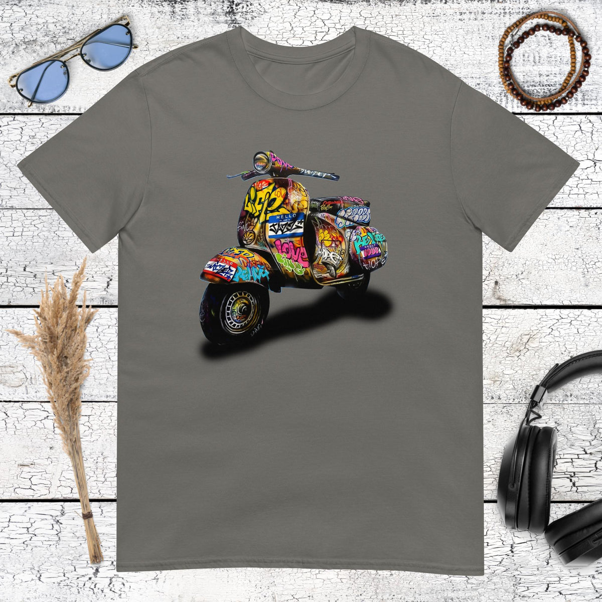 Colourful graffiti scooter artwork printed on a charcoal t-shirt