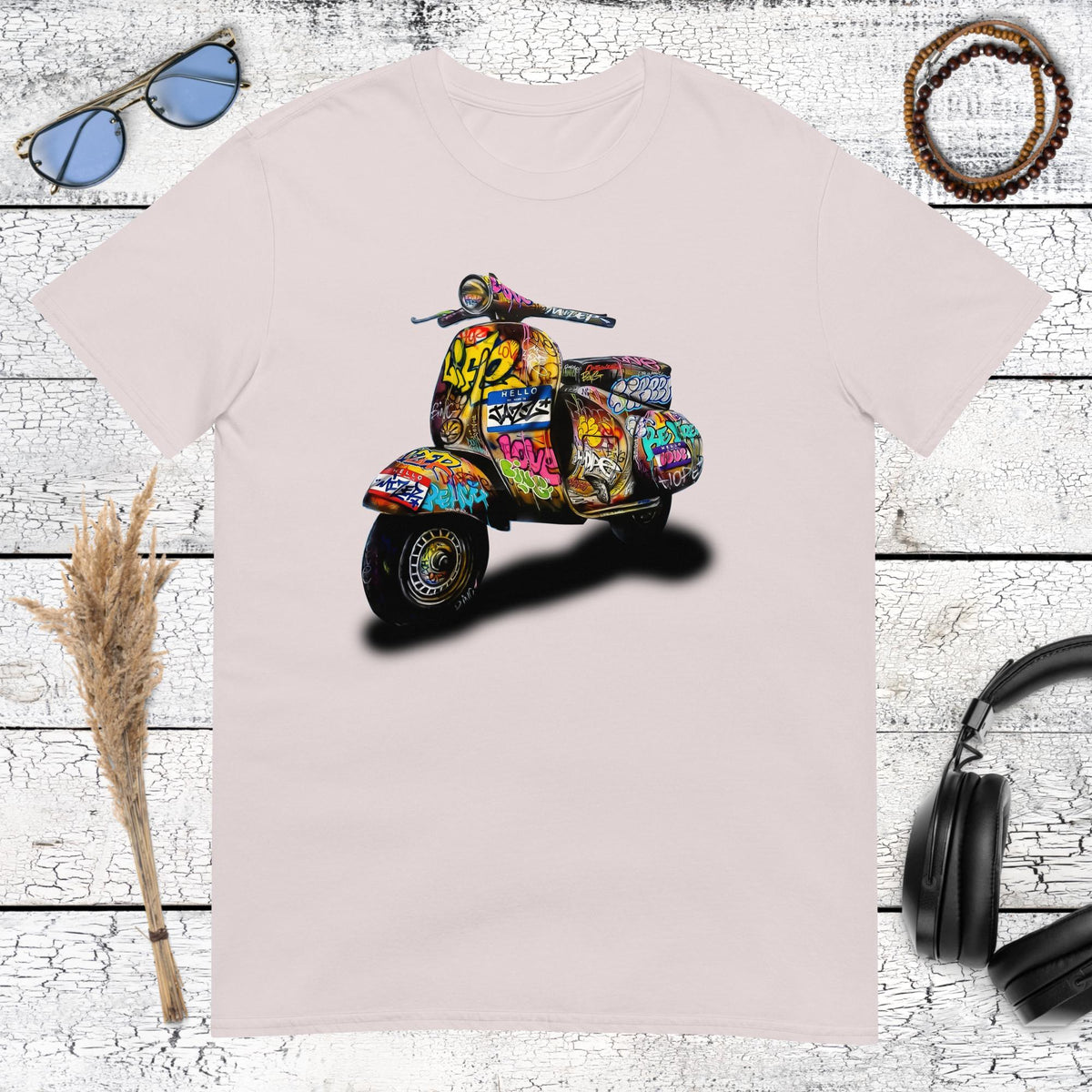 Colourful Vespa scooter graffiti artwork printed on an ice grey t-shirt