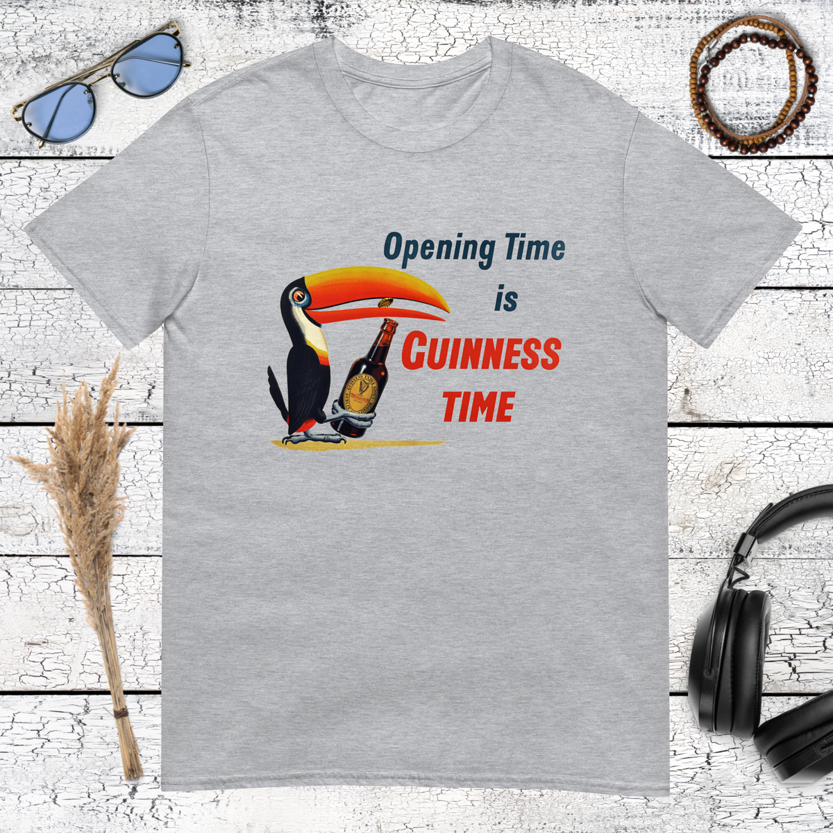 Retro Guinness toucan beer graphic with Opening Time lettering on a sport grey t-shirt