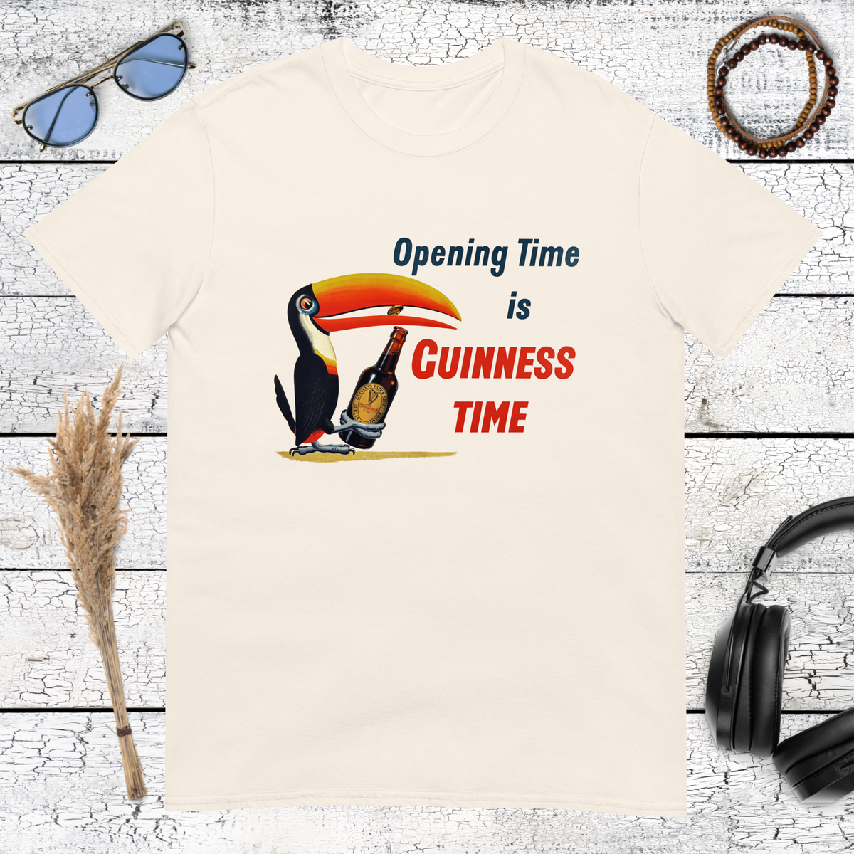 Funny Guinness toucan and pint-inspired artwork printed on a natural cotton t-shirt