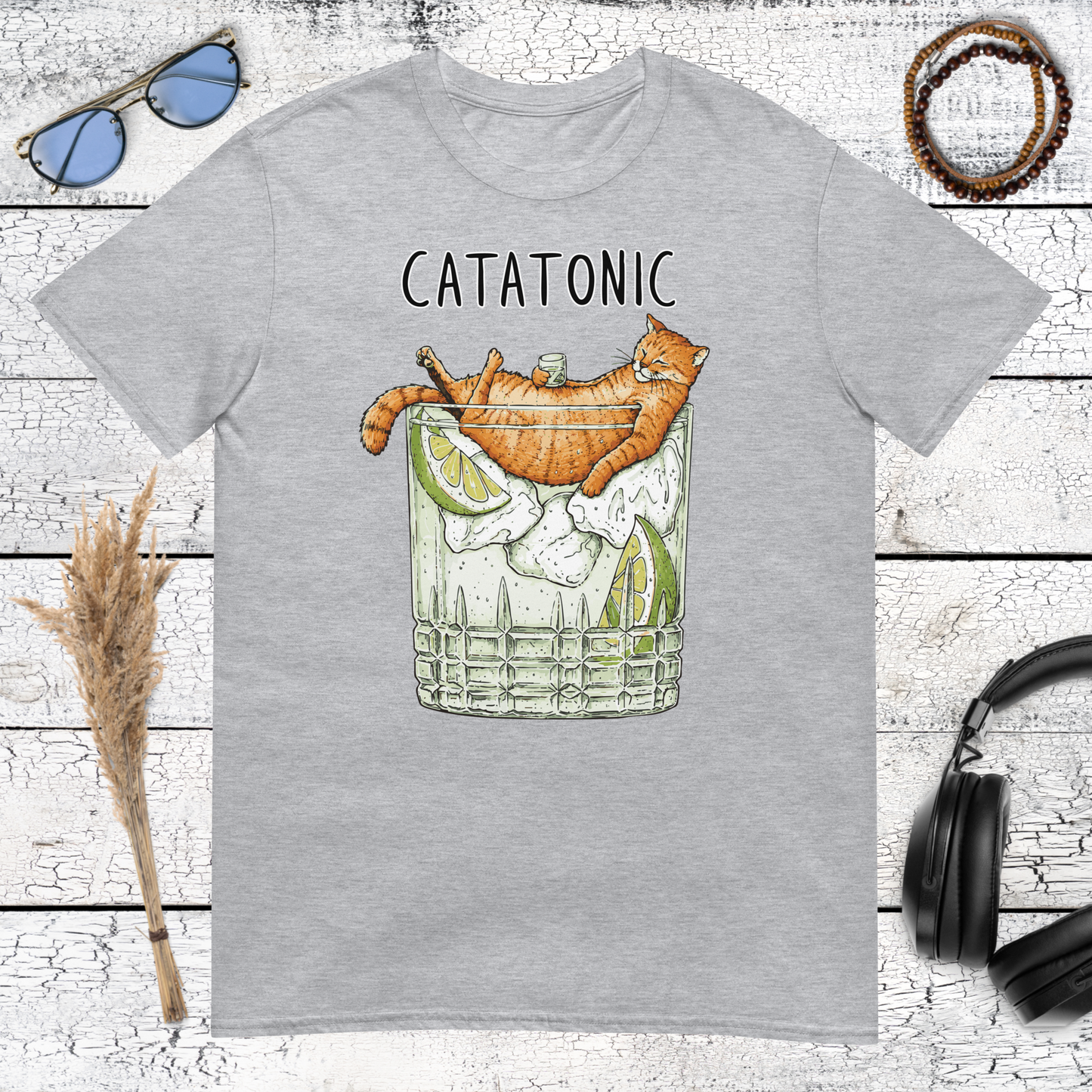 Funny orange cat and cocktail graphic with vintage typography on a sport grey t-shirt