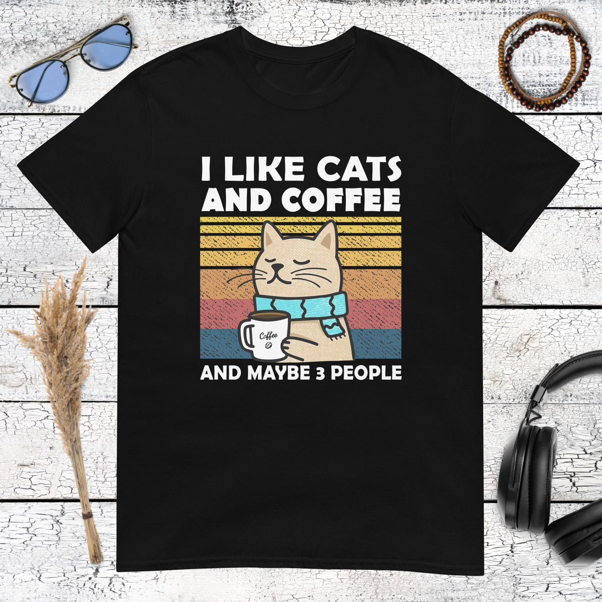 Funny cat and coffee graphic with sarcastic quote on a black t-shirt