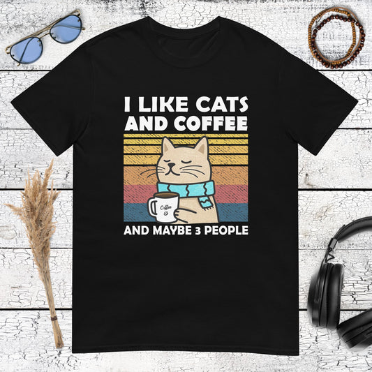 Funny cat and coffee graphic with sarcastic quote on a black t-shirt