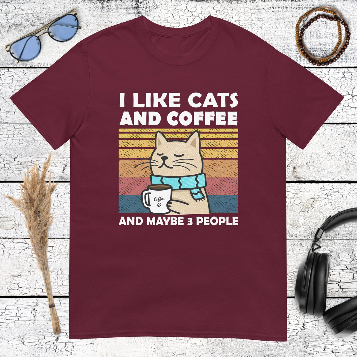 Funny cat lover quote with retro sunset artwork on a maroon t-shirt