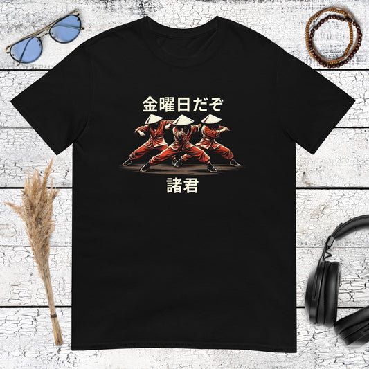 It’s Friday My Dudes samurai graphic with Japanese lettering printed on a black t-shirt