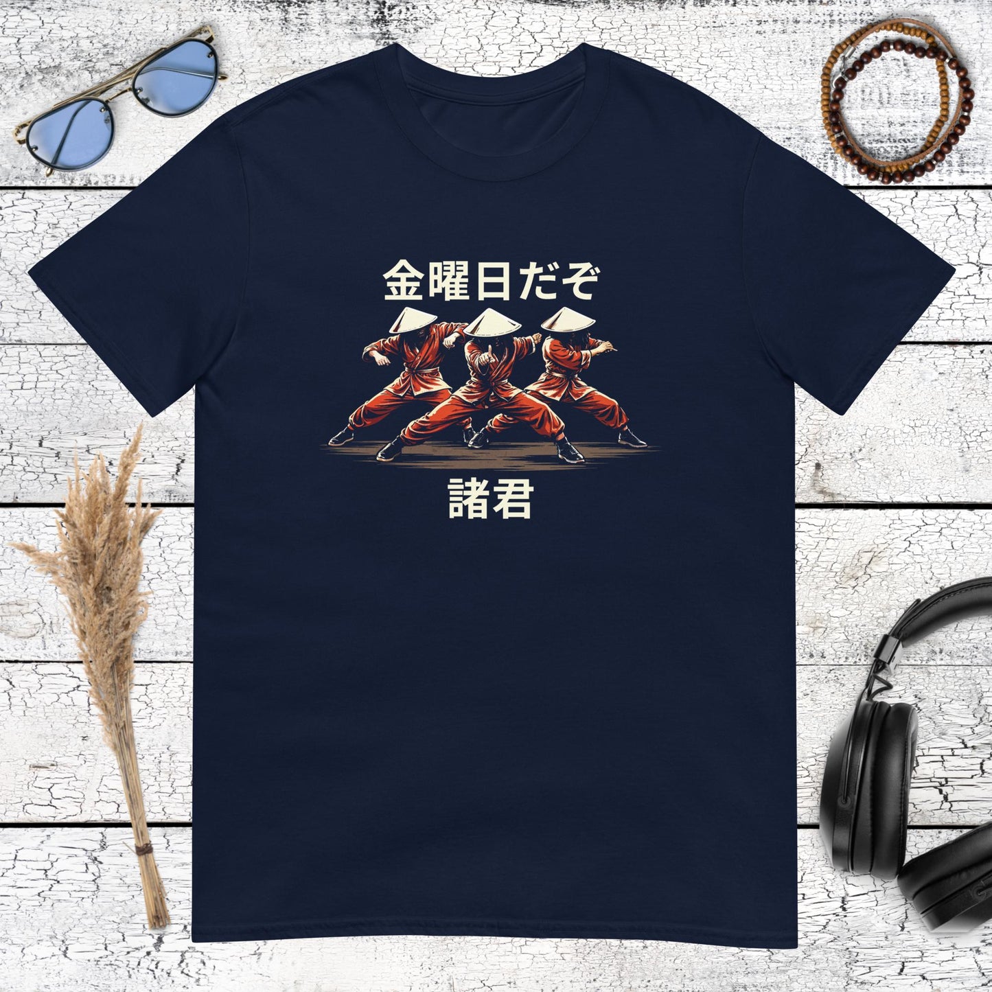 Retro samurai artwork with Japanese lettering printed on a navy blue t-shirt