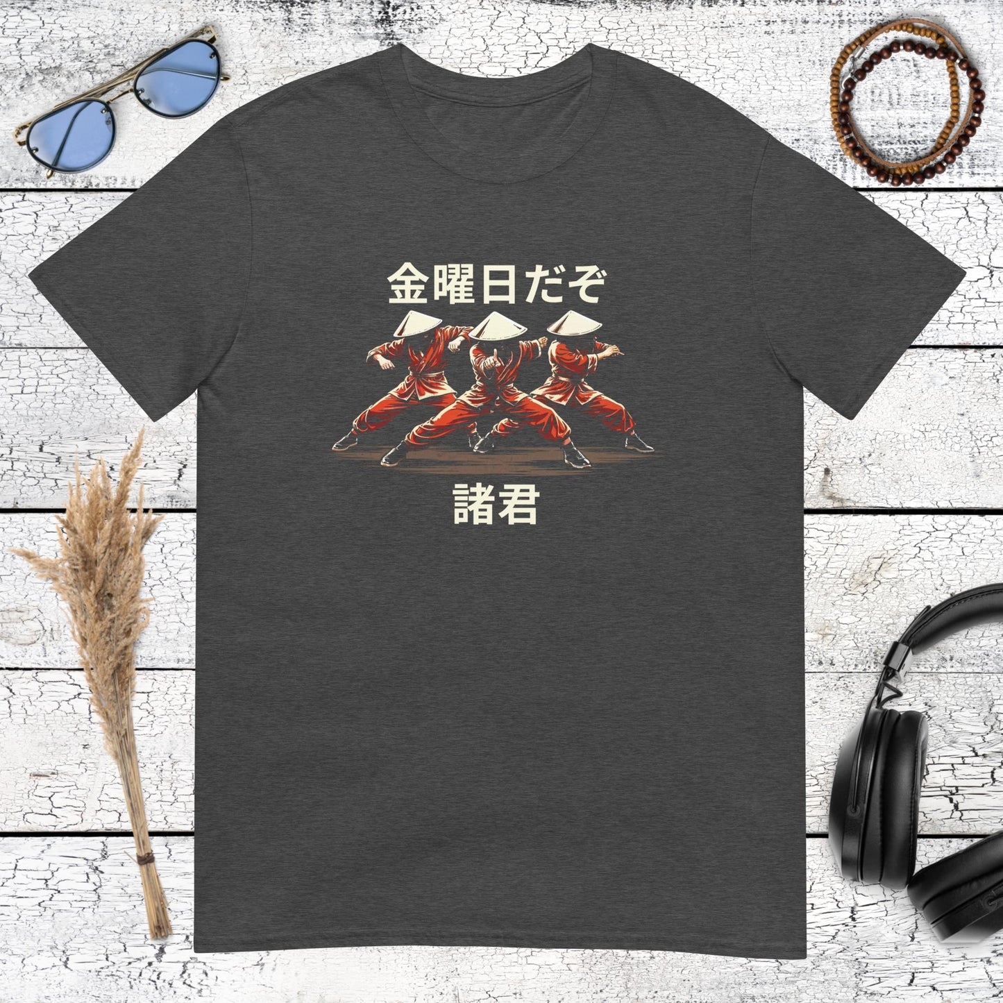 Samurai illustration with Japanese lettering printed on a dark heather grey t-shirt