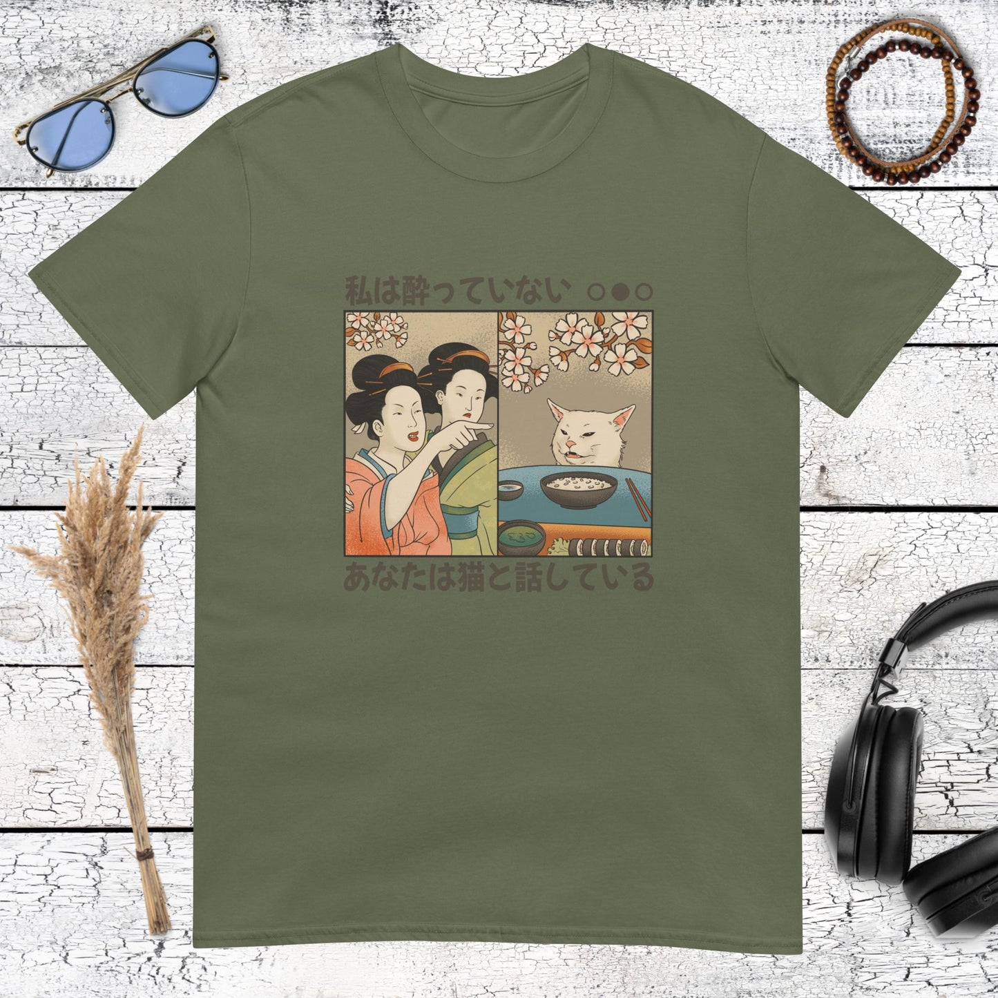 Traditional Japanese art parody of woman yelling at cat on military green shirt