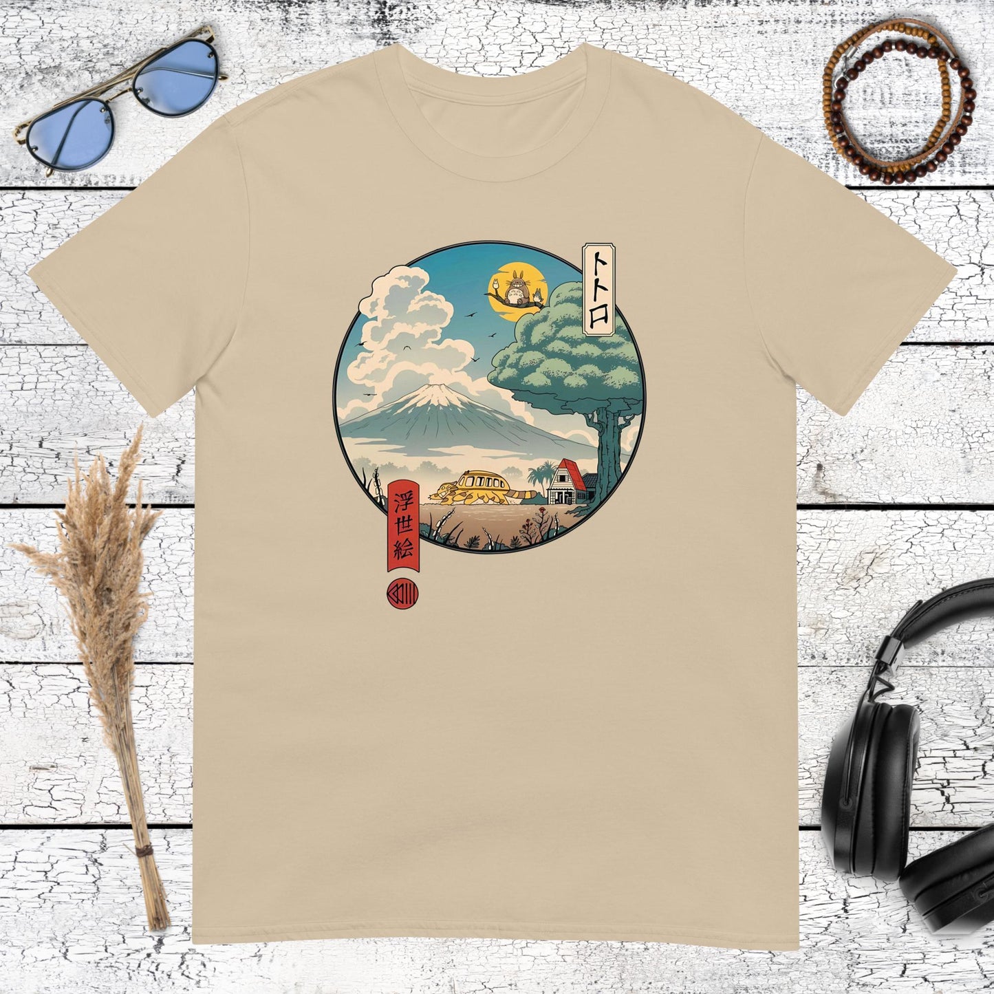 Vintage Ukiyo-e style Totoro illustration with pagodas and mountains on a sand t-shirt