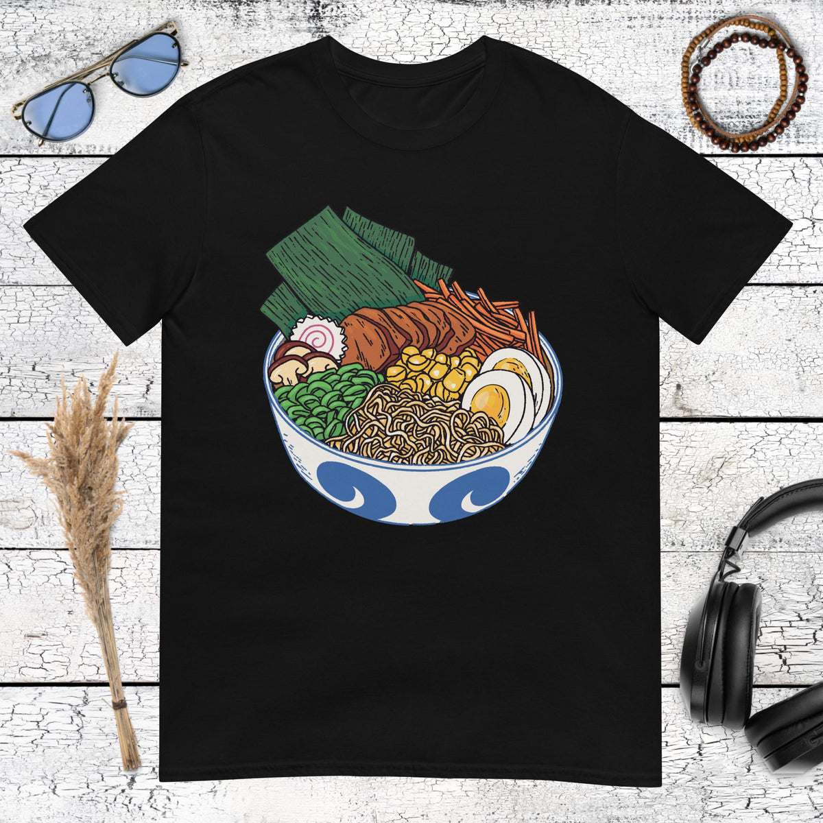 Colorful Japanese ramen bowl illustration with egg and noodles on a black t-shirt