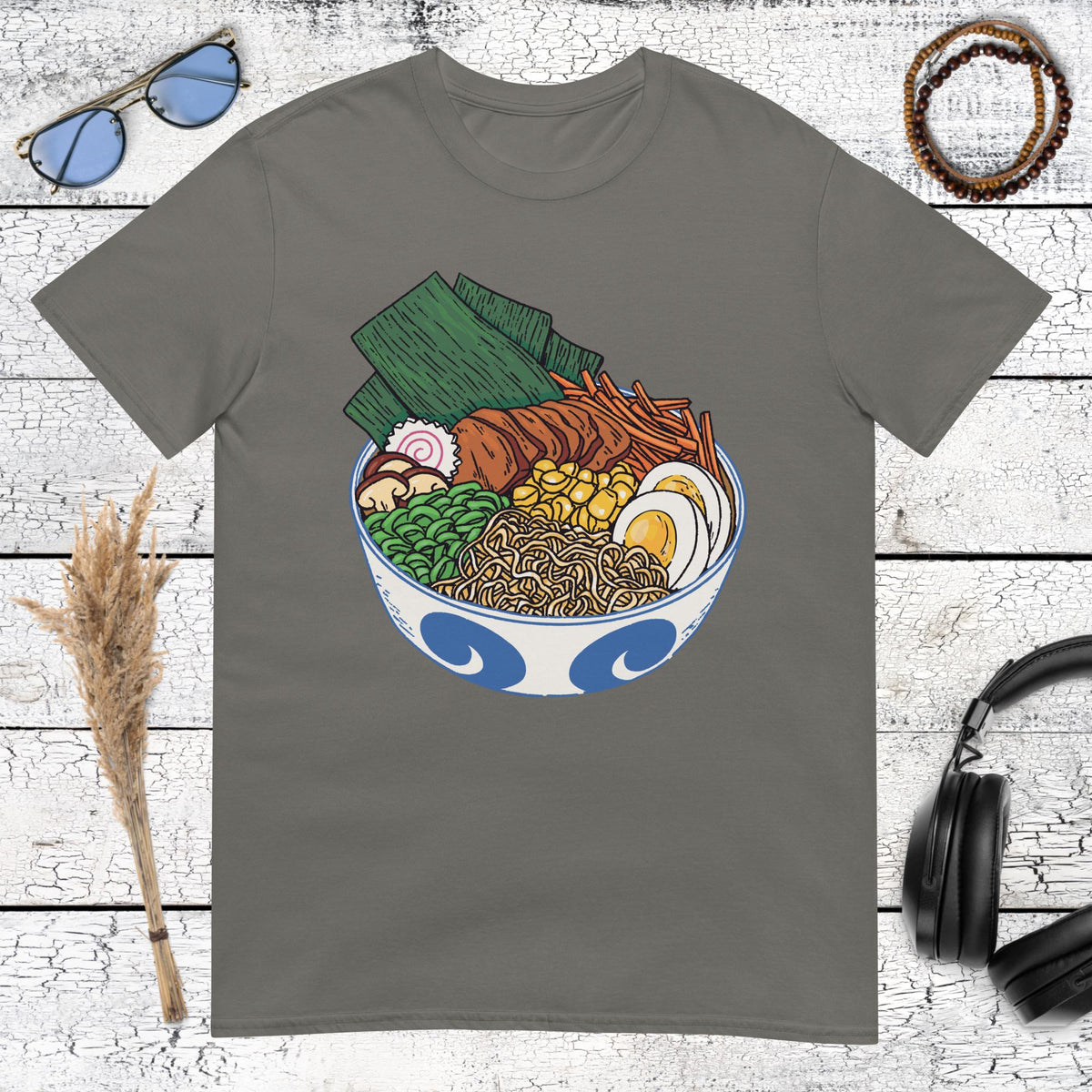 Detailed ramen bowl art with Japanese style patterns on a charcoal grey t-shirt