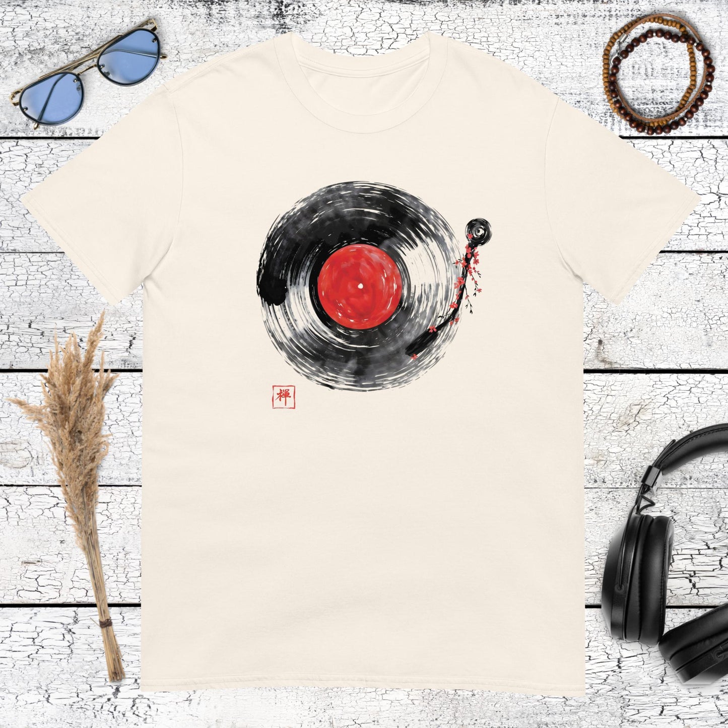 Japanese brush art vinyl record with red sun center on natural t-shirt