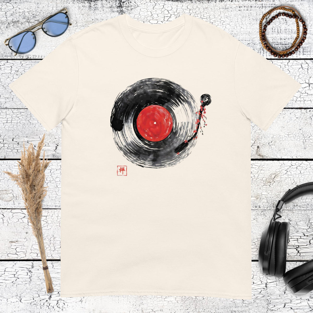 Japanese brush art vinyl record with red sun center on natural t-shirt