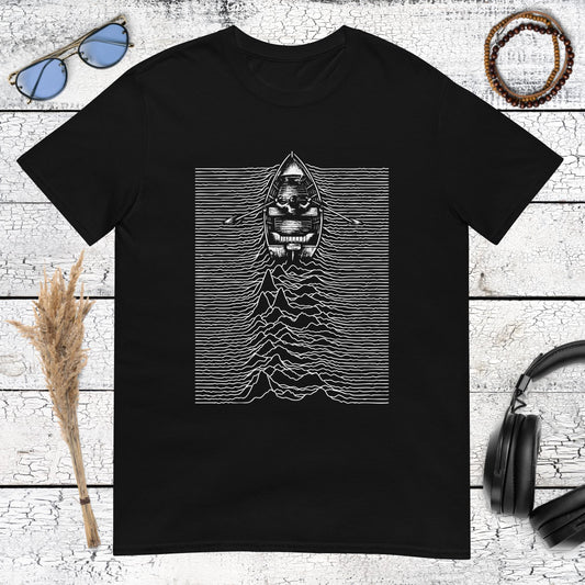 Minimalist boat floating across white waveform lines on a black t-shirt