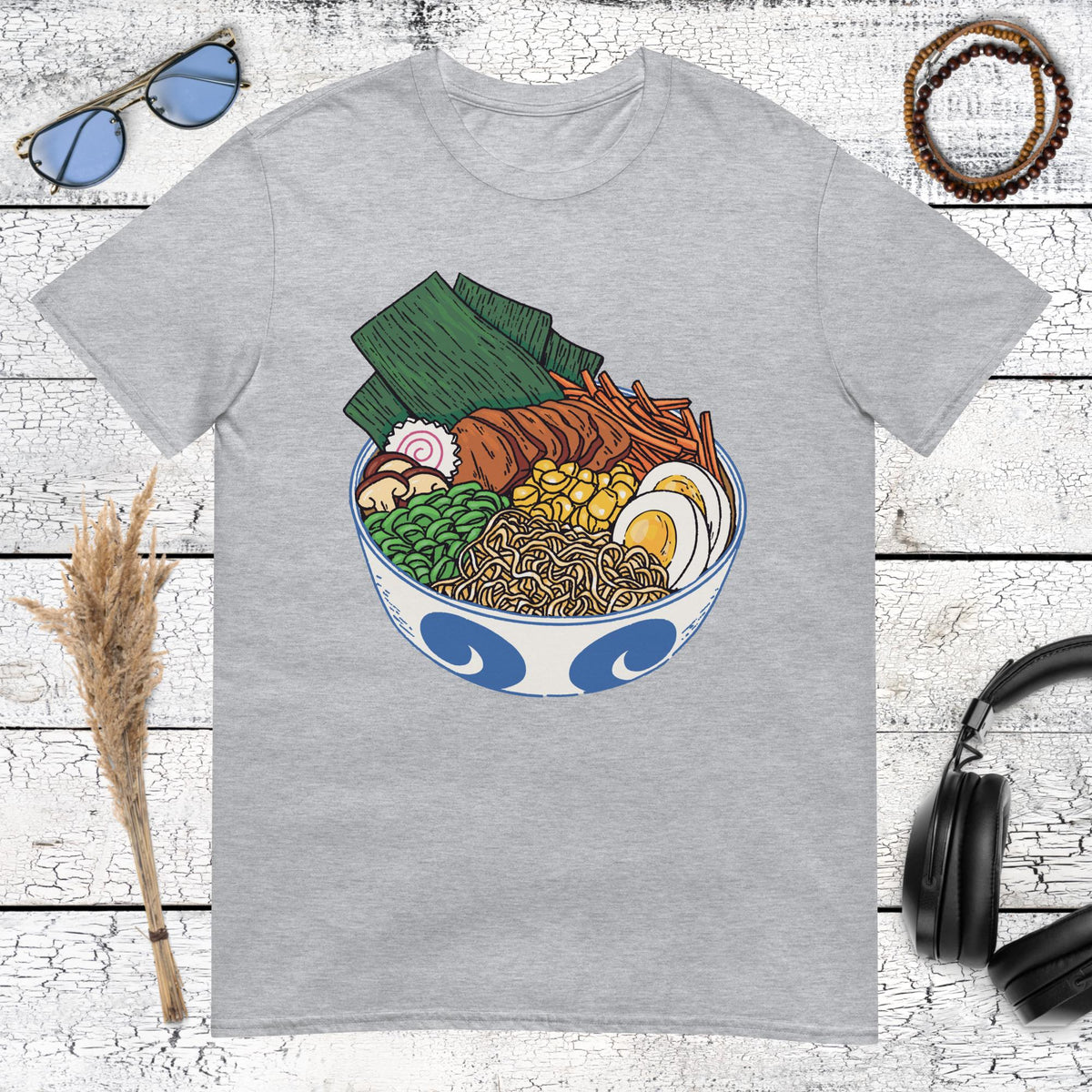 Japanese ramen bowl drawing with vibrant food details on a sport grey t-shirt