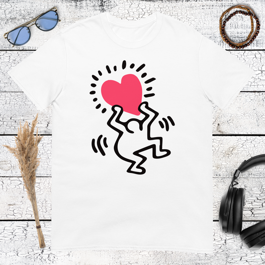 Keith Haring-inspired dancing figures around a red heart printed on a white t-shirt