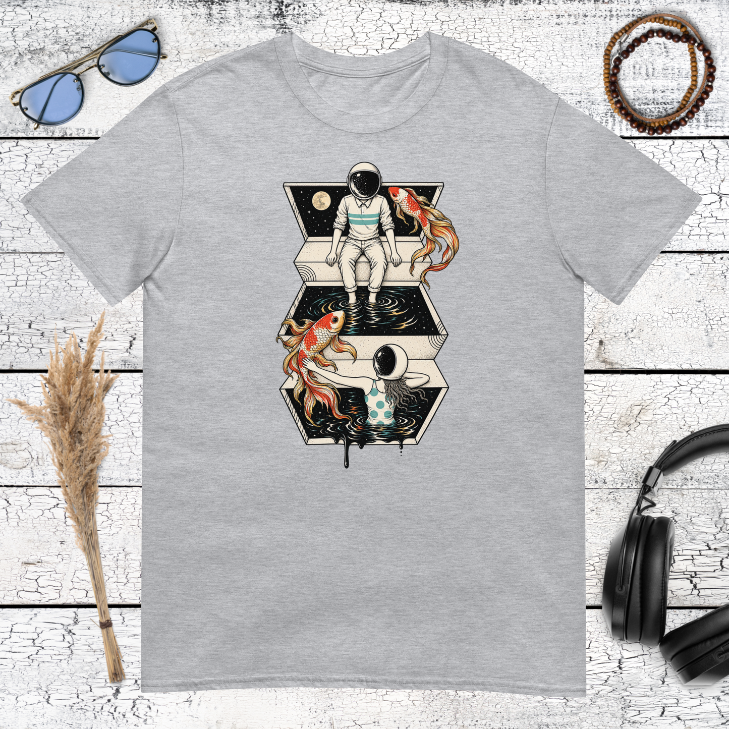 Surreal koi fish and astronaut artwork printed on a sport grey t-shirt