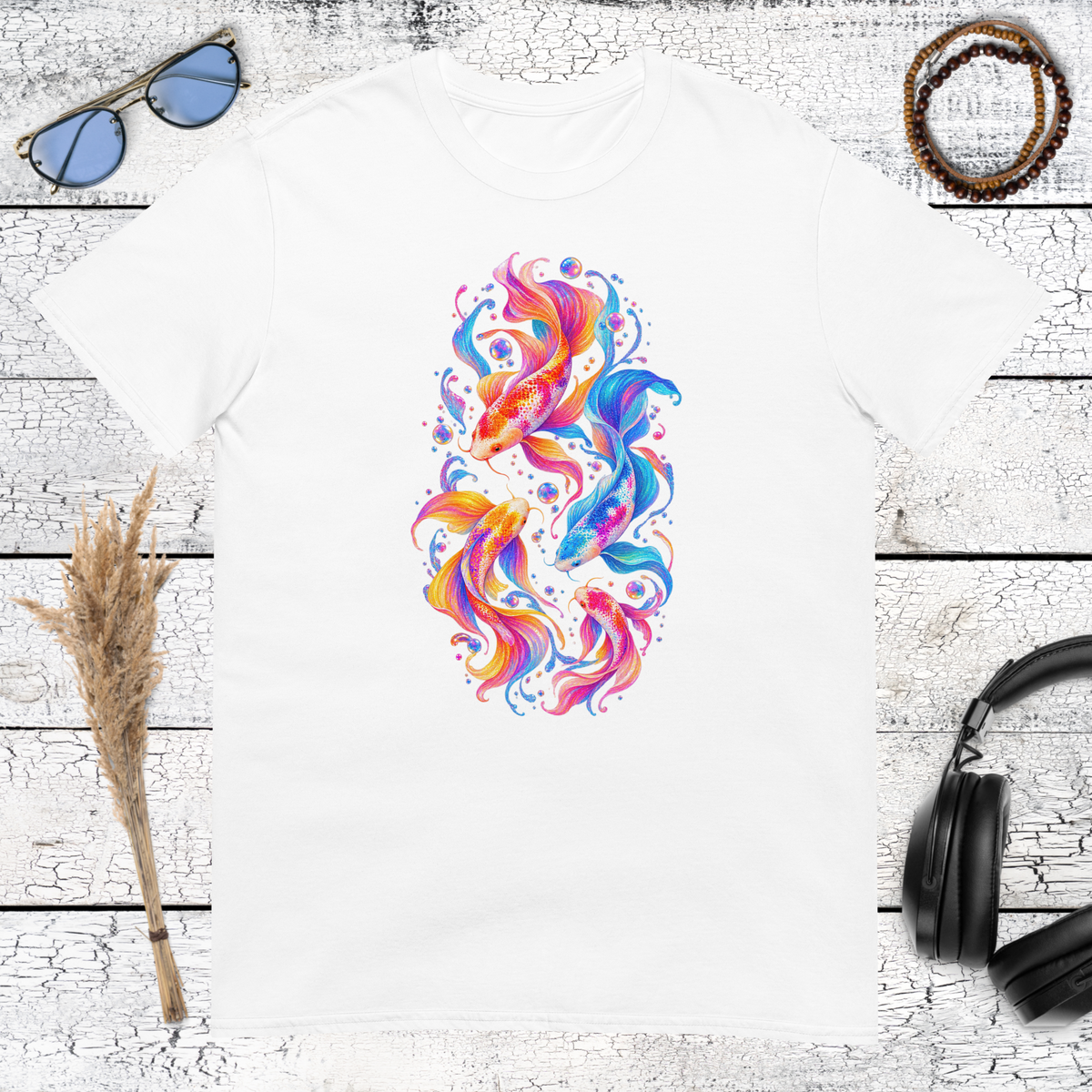 Colourful koi fish artwork printed on a white t-shirt