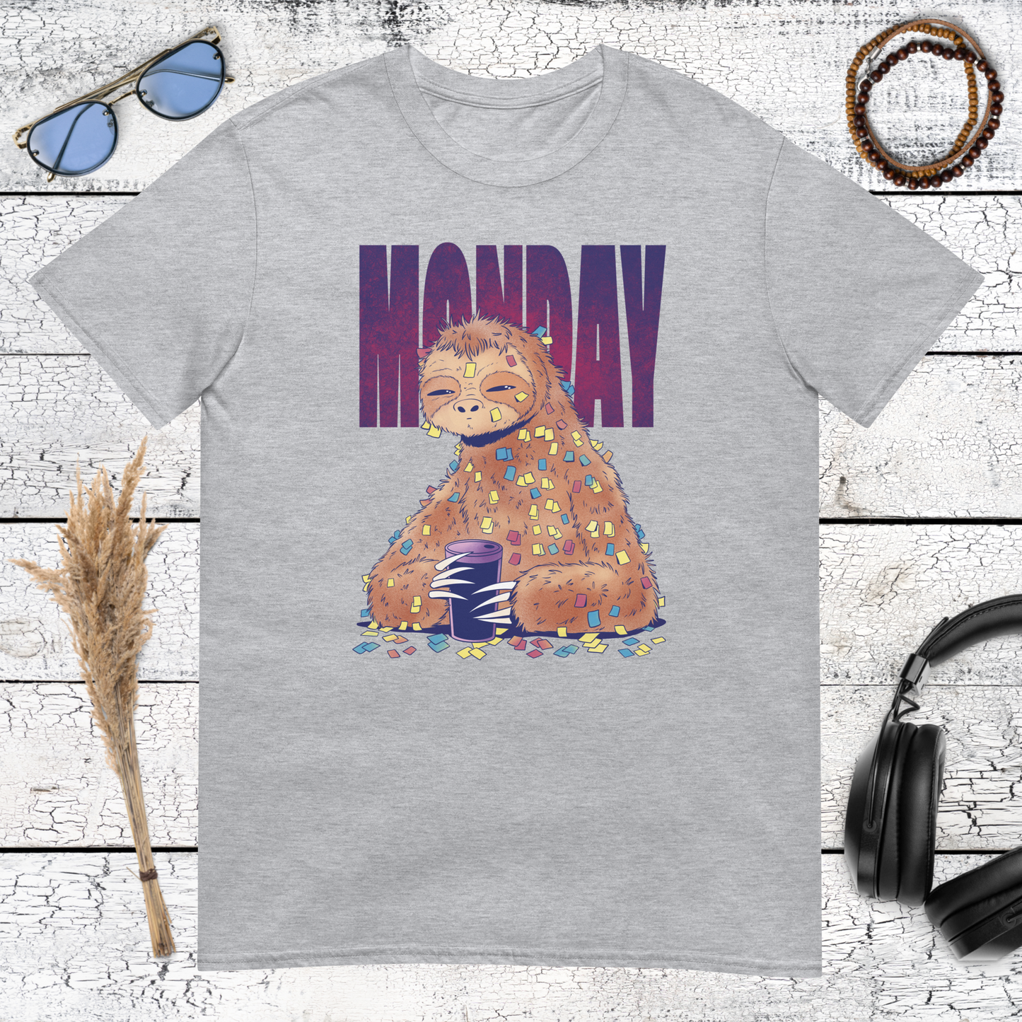 Casual grey t-shirt featuring a funny sloth failing to wake up on a Monday morning
