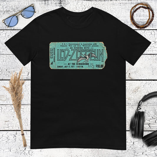 Led Zeppelin 1977 vintage concert ticket graphic printed on a black t-shirt