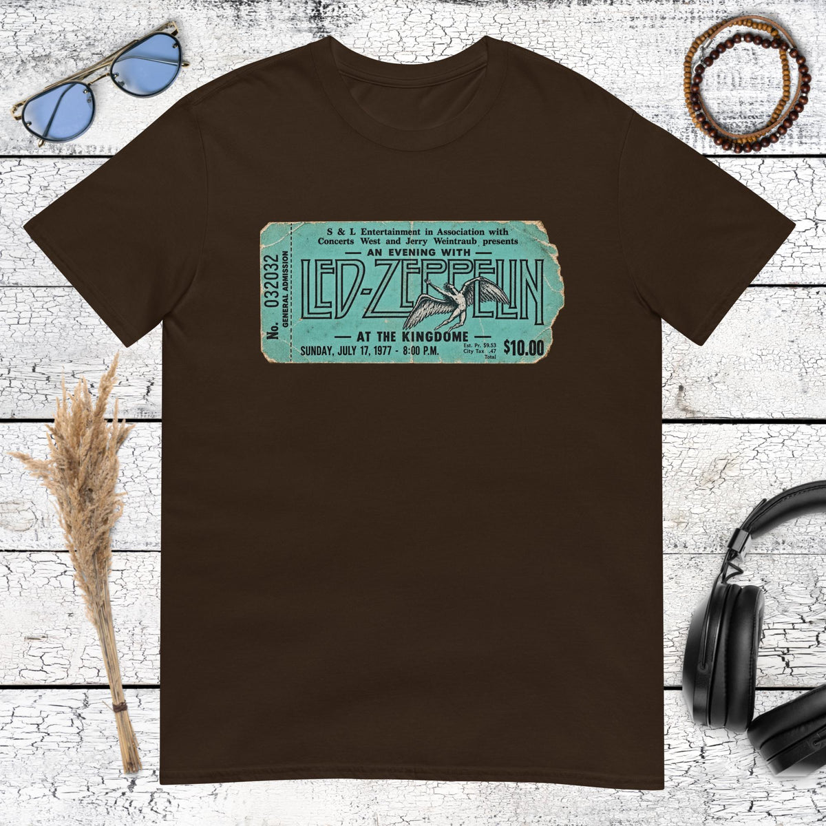 Led Zeppelin vintage concert ticket graphic printed on a dark chocolate t-shirt