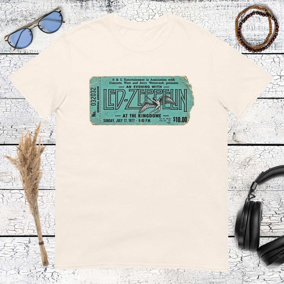 Vintage Led Zeppelin concert ticket artwork printed on a natural cotton t-shirt