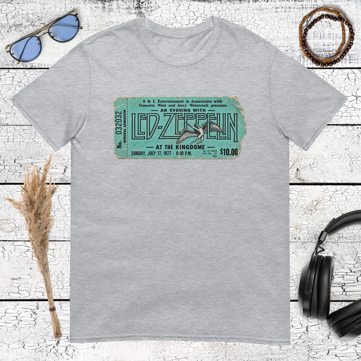 Led Zeppelin 1977 vintage concert artwork printed on a sport grey t-shirt