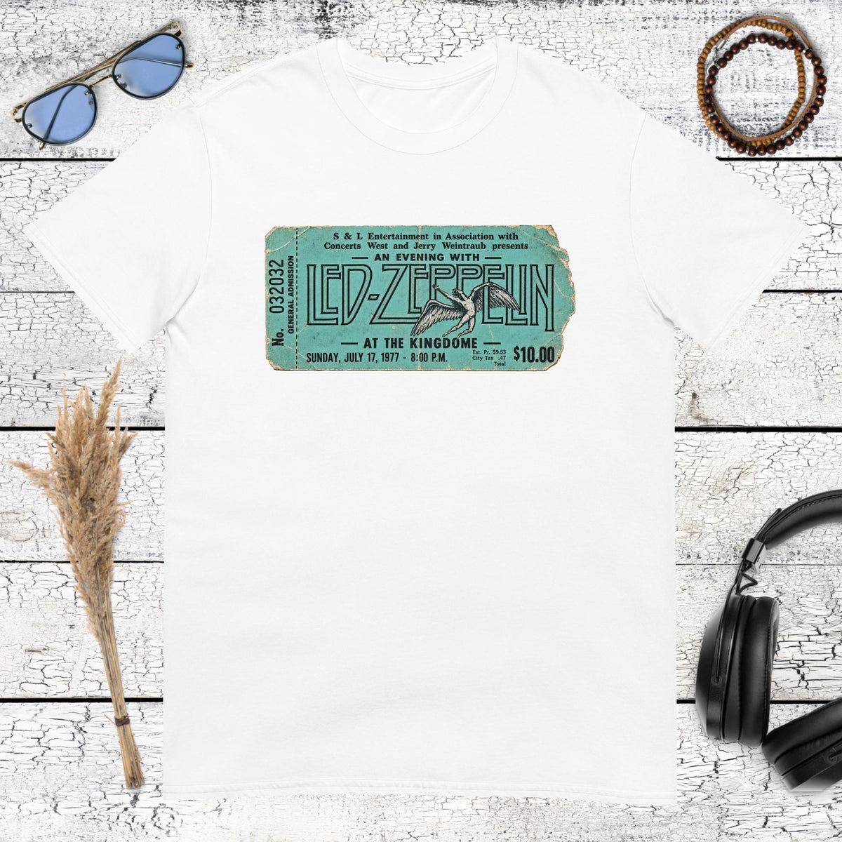 Led Zeppelin 1977 vintage concert ticket graphic printed on a white t-shirt