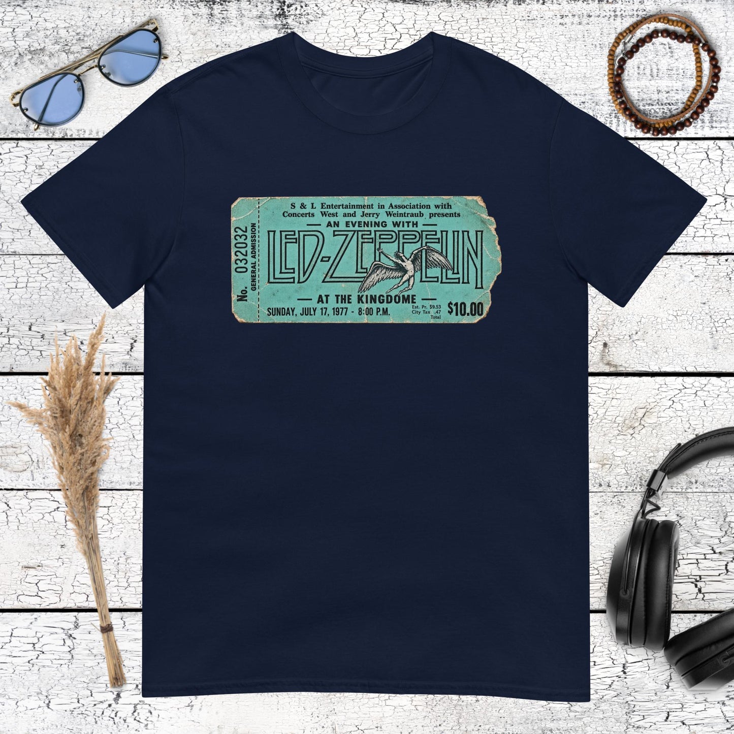 Led Zeppelin 1977 concert ticket artwork printed on a navy blue t-shirt