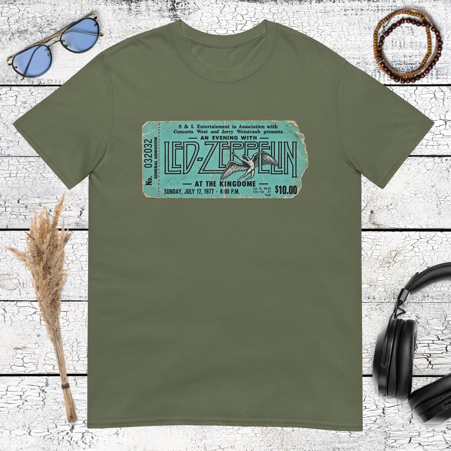 Retro Led Zeppelin concert ticket graphic printed on a military green t-shirt