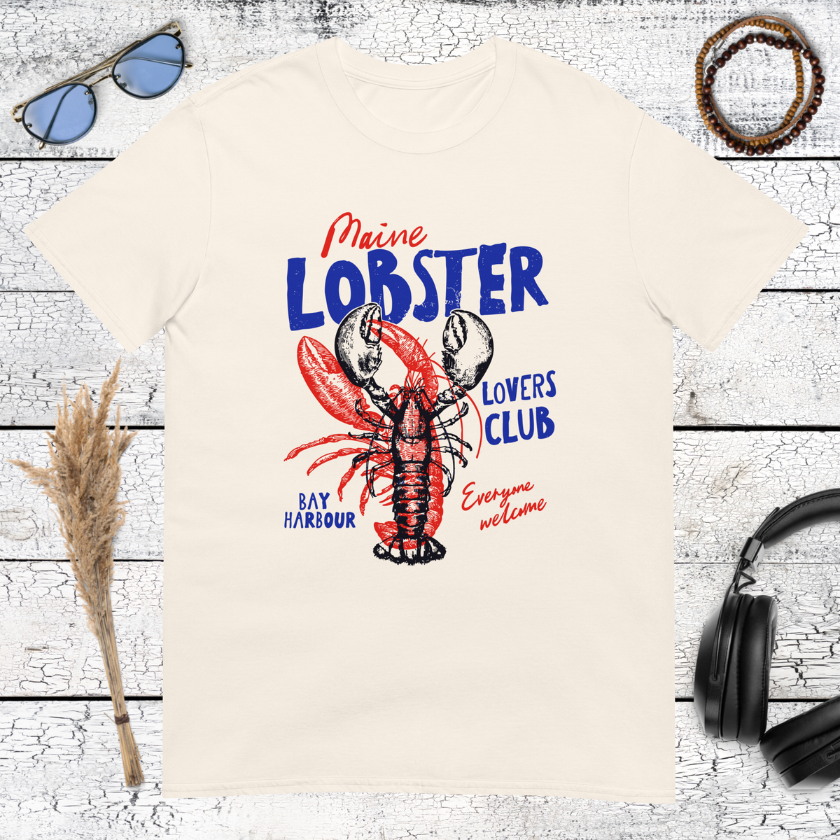 Retro Maine lobster and coastal graphic printed on a natural cotton t-shirt