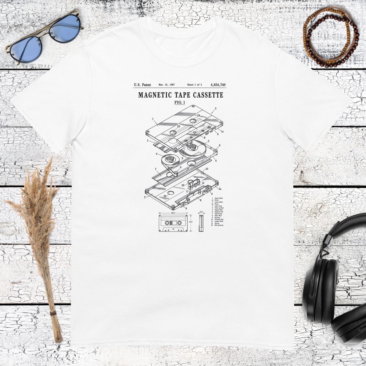 Vintage cassette tape graphic printed on a white t-shirt