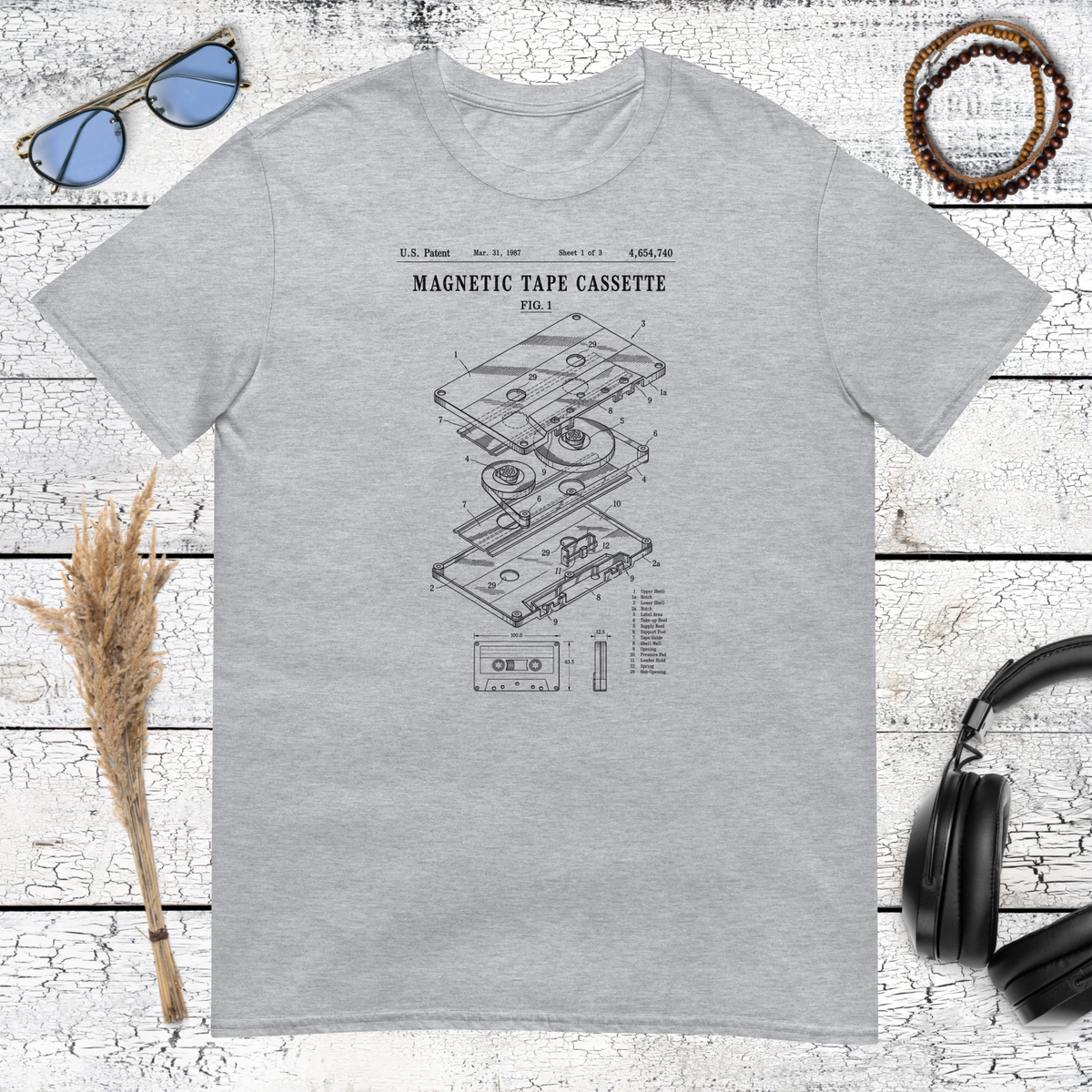 Vintage magnetic tape graphic printed on a sport grey t-shirt