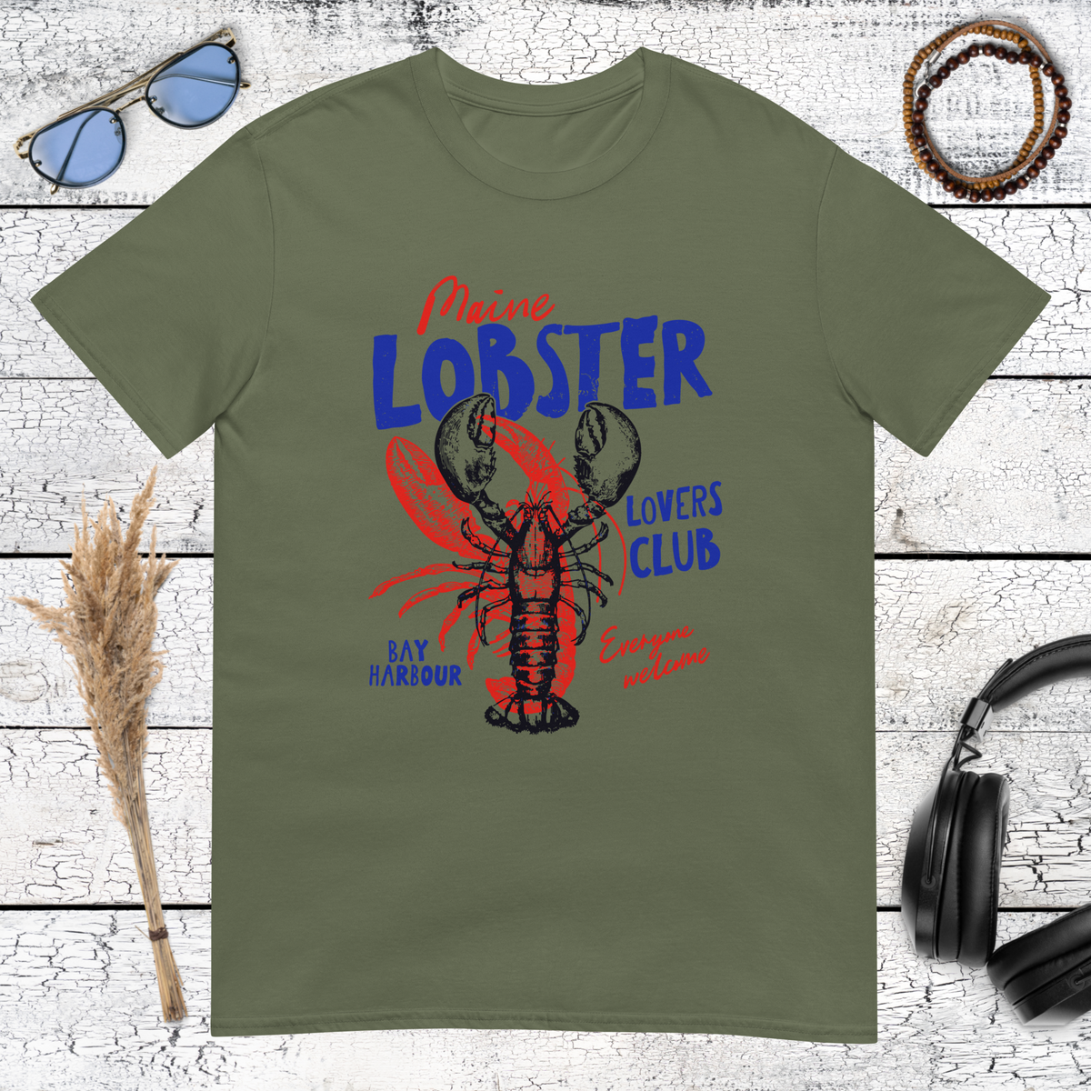 Colourful lobster illustration with vintage Maine lettering on a forest green t-shirt