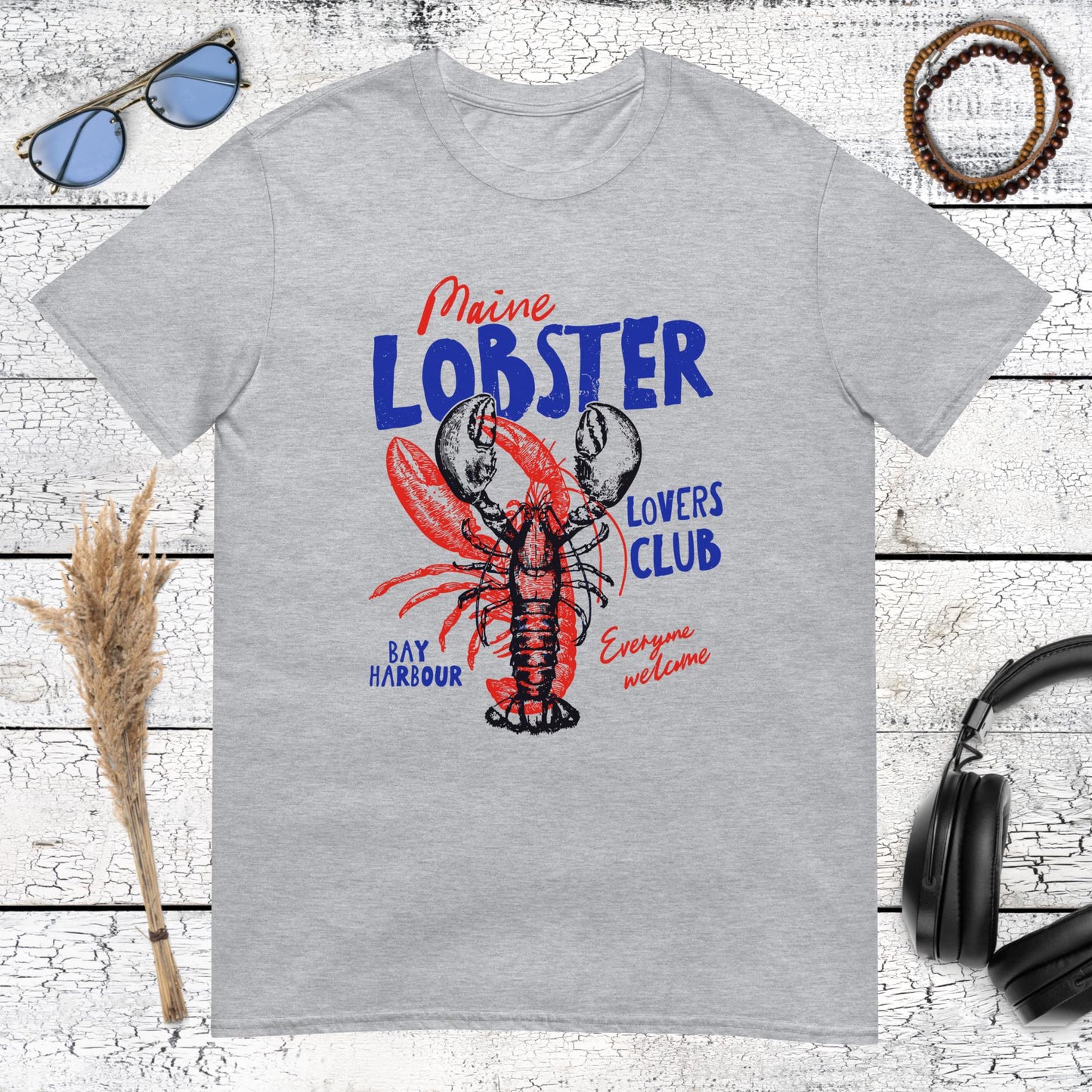 Detailed red lobster illustration with Maine lettering on a sport grey t-shirt