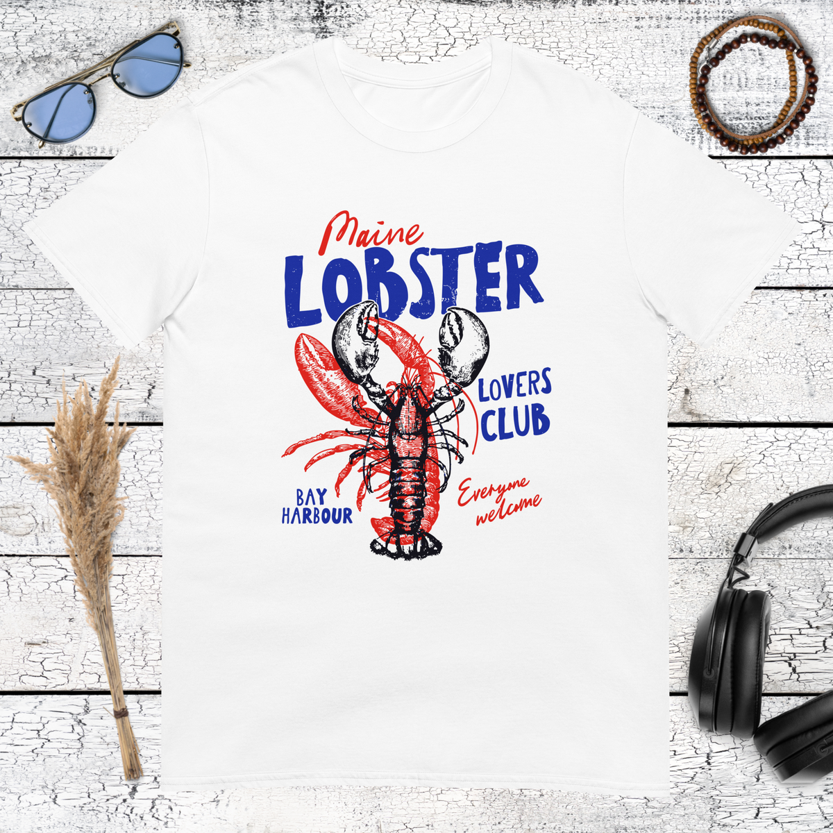 Vintage Maine lobster graphic with coastal lettering on a white t-shirt