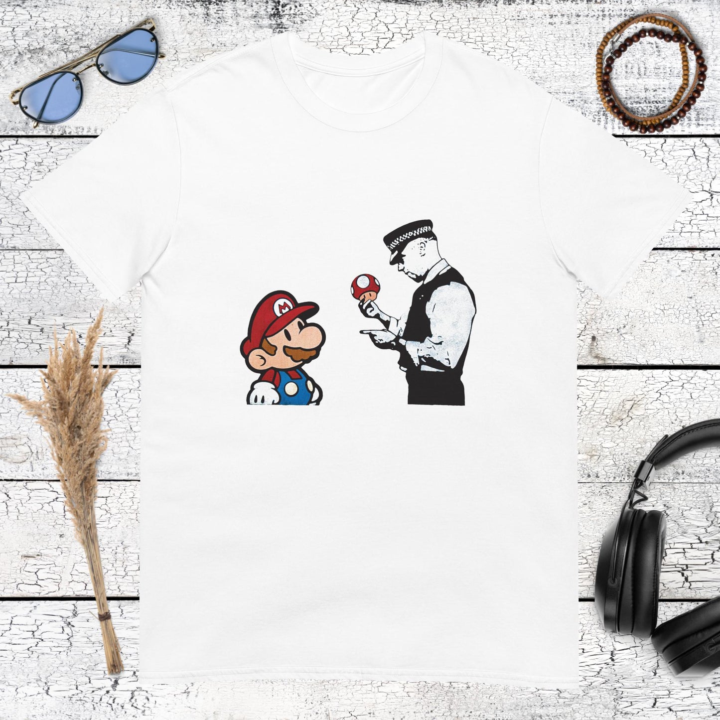 Funny Mario and police officer stencil art illustration printed on a white t-shirt