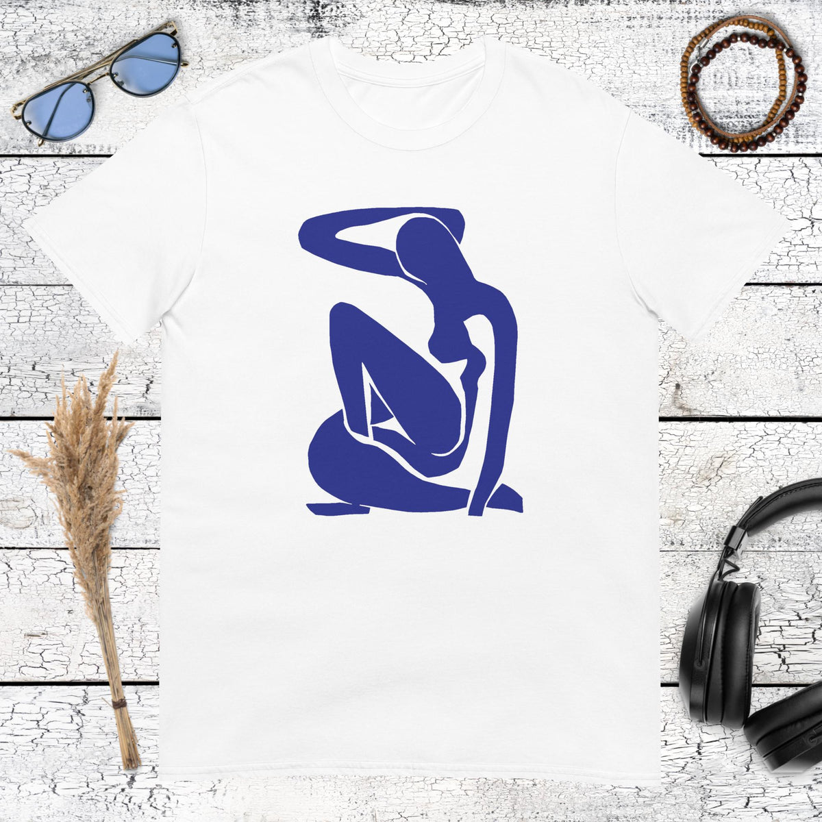 Abstract blue female figure art inspired by Henri Matisse on a white t-shirt
