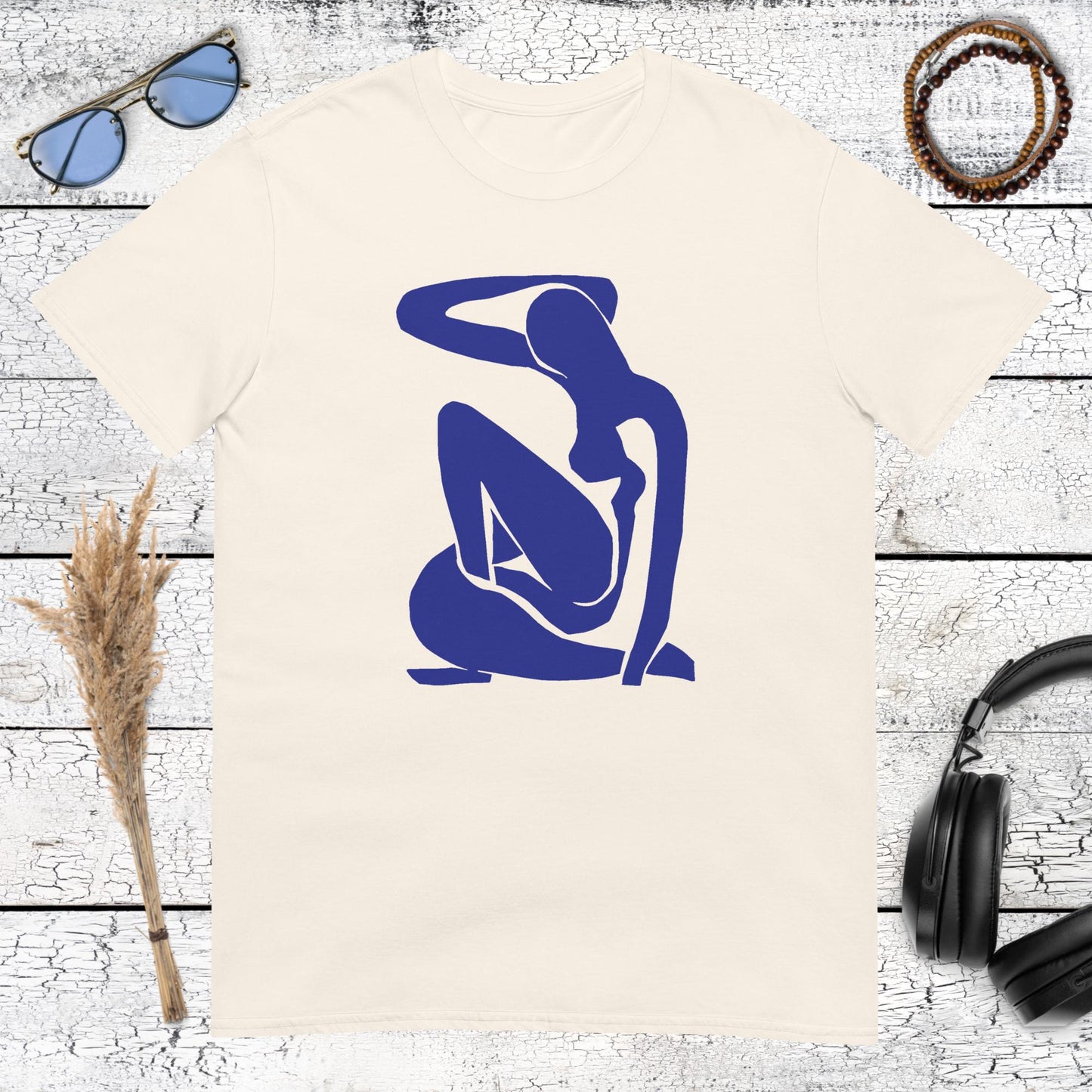 Minimalist Henri Matisse inspired blue nude figure drawing on a natural cotton t-shirt