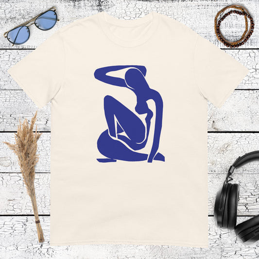 Minimalist Henri Matisse inspired blue nude figure drawing on a natural cotton t-shirt