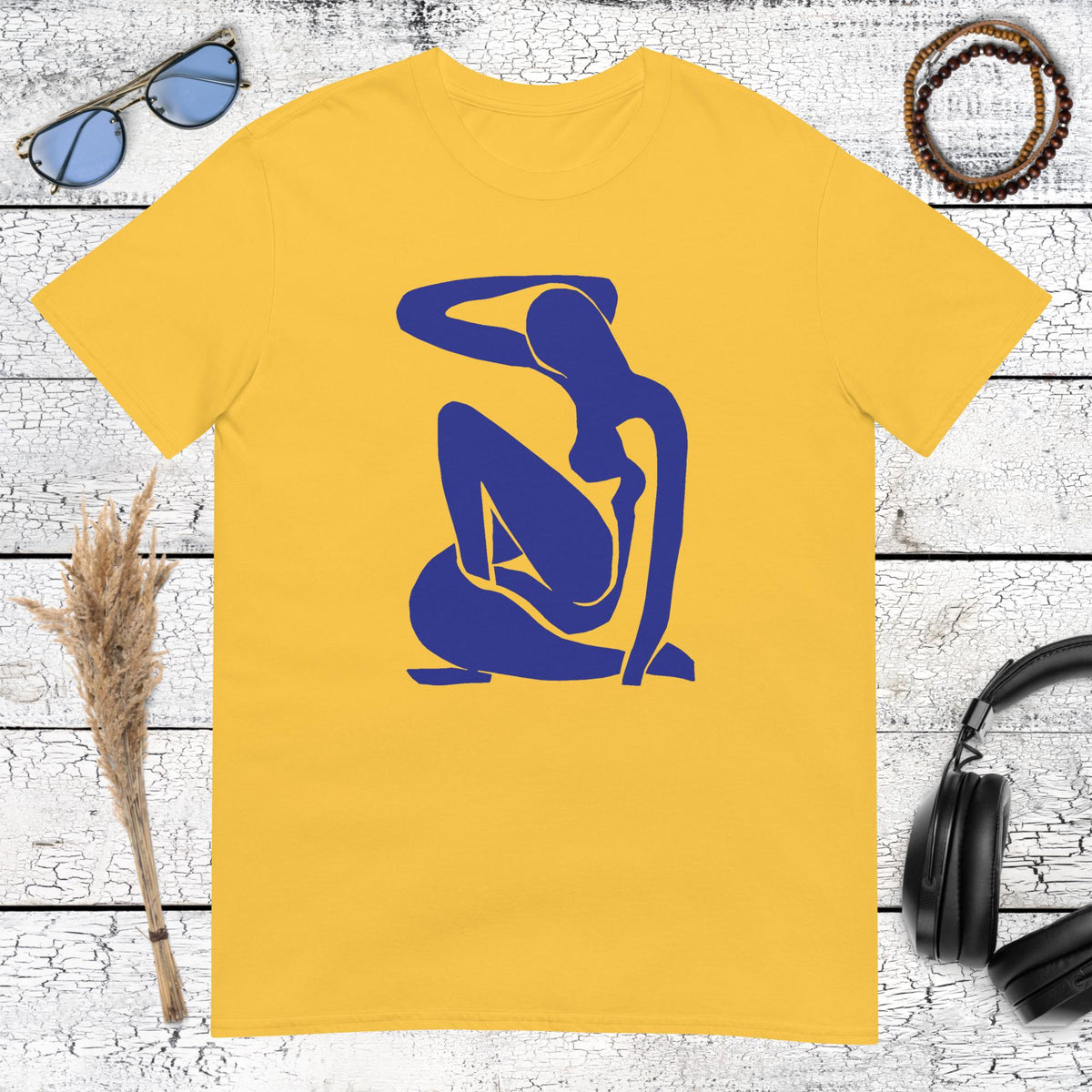 Modern blue abstract female silhouette art on a daisy coloured t-shirt