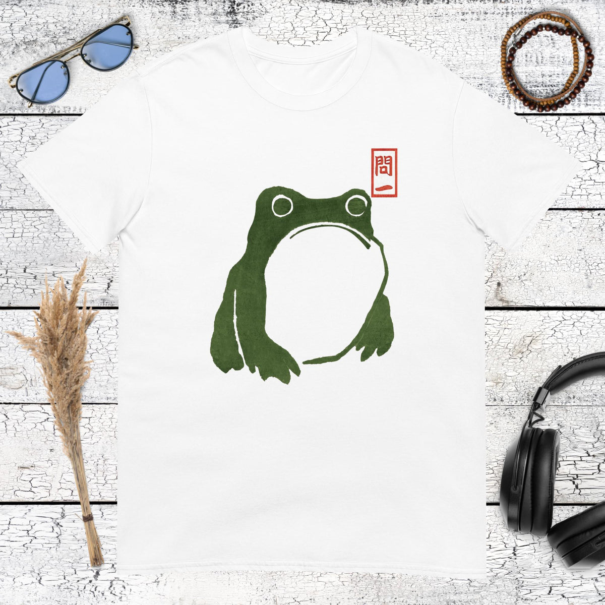Vintage Japanese frog artwork inspired by Matsumoto Hoji on a white t-shirt