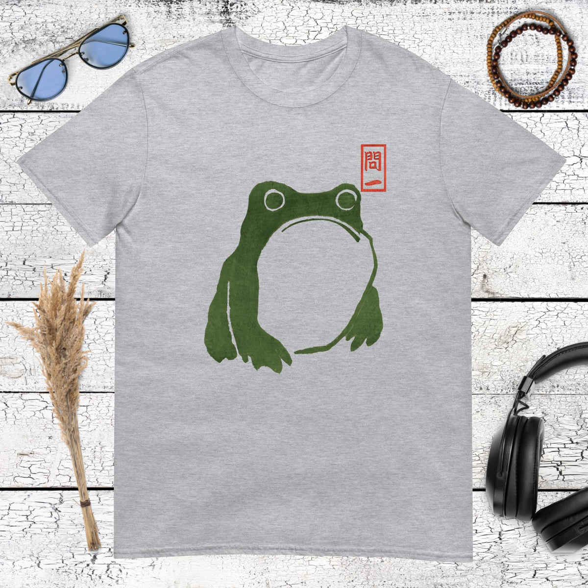 Matsumoto Hoji inspired green frog artwork with red stamp detail on a sport grey t-shirt