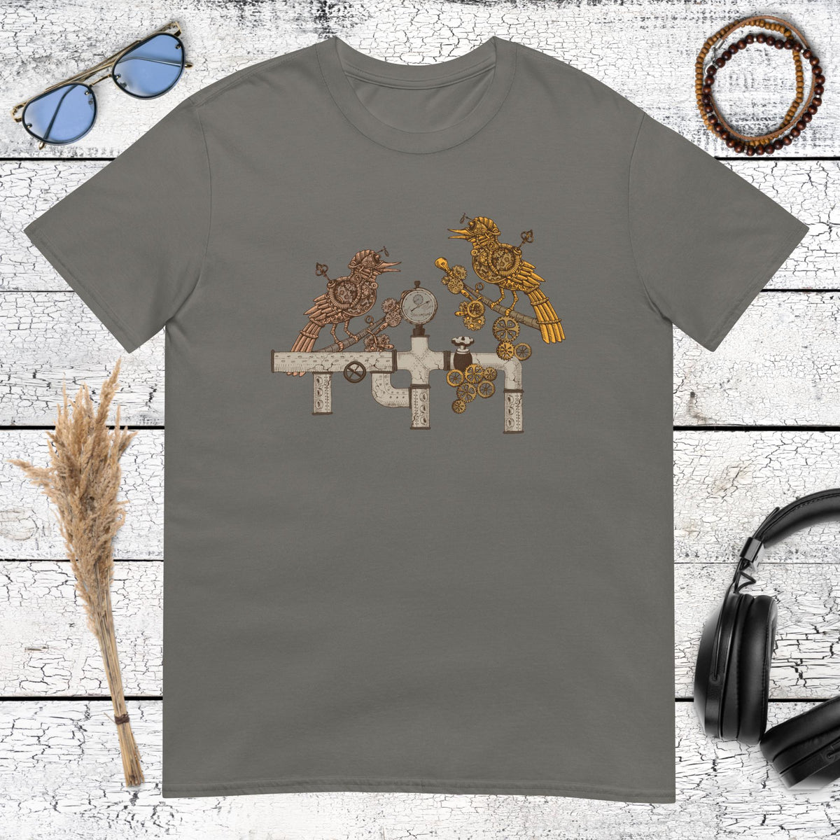 Steampunk mechanical bird artwork printed on a charcoal t-shirt